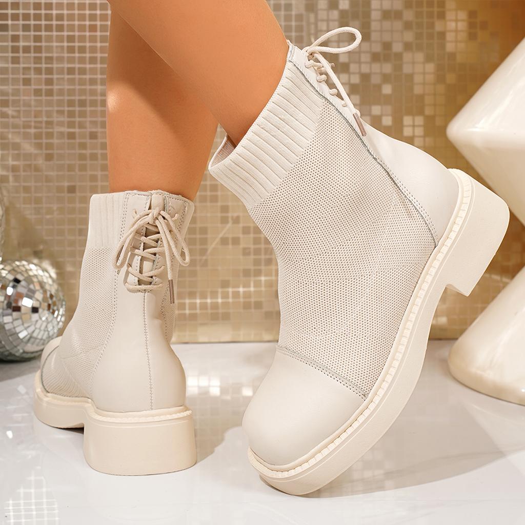 Fashion Aphixta Breathable Round Toe Woman Ankle Boots Shoes Autumn Winter Stretch Fabric Modern Boot Back Lace Up Ladies Shoes