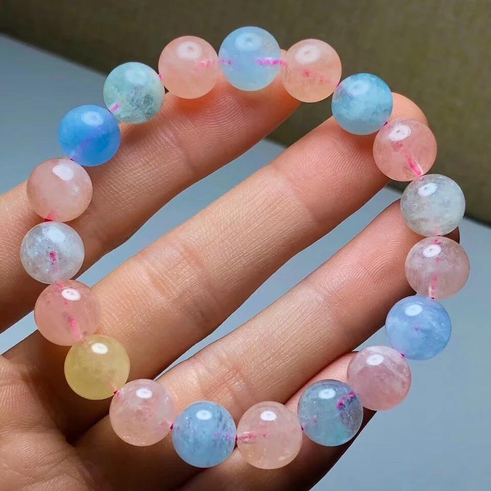 Natural Colorful Morganite Beryl Quartz Trendy Party Ball Beads Bracelet Stretch Unisex 7mm 8mm 9mm 10mm AAAAA