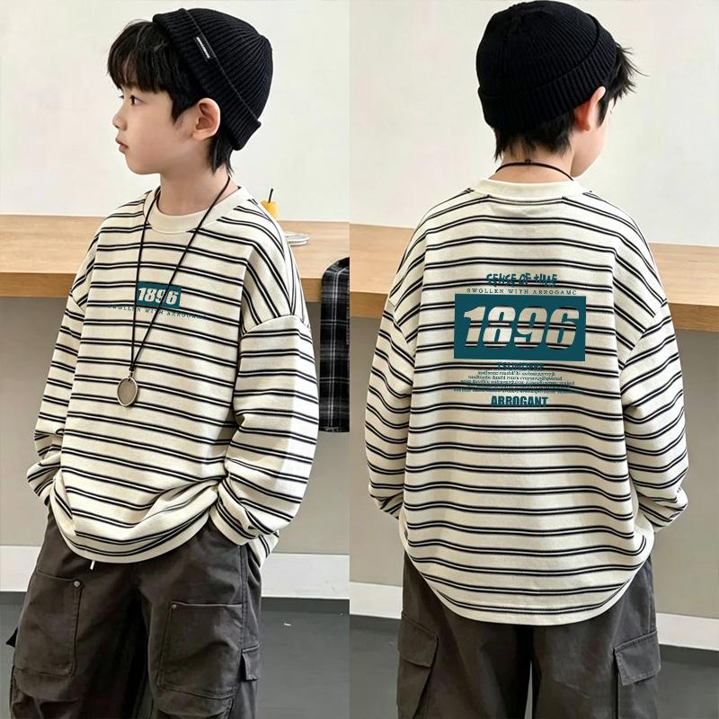 Boys' Striped Cotton Long-Sleeve Patchwork Top - New Spring/Autumn Style
