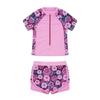 Front Zipper Closure Short Sleeves Stand Collar Tops + Elastic Waistband Shorts Floral Print Quickly Dry Swimwear 2Pcs Sets