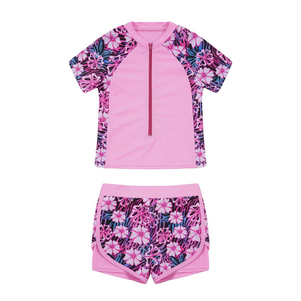Front Zipper Closure Short Sleeves Stand Collar Tops + Elastic Waistband Shorts Floral Print Quickly Dry Swimwear 2Pcs Sets