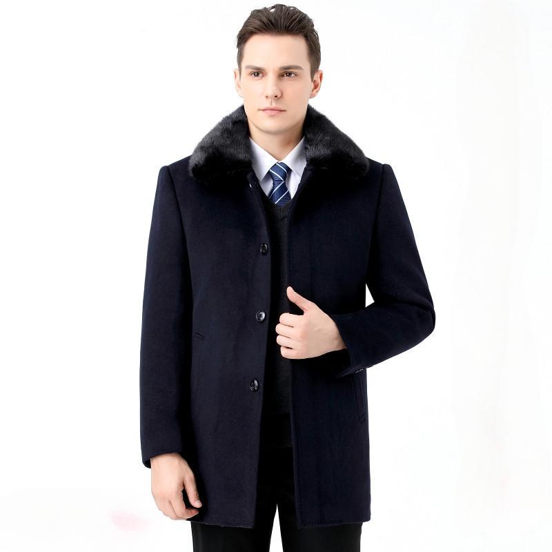 

Зимнее утолщенное шерстяное пальто для мужчин среднего и пожилого возраста, мужское пальто средней длины с лацканами, подкладкой из золотистой норки, воротником из натурального меха 195