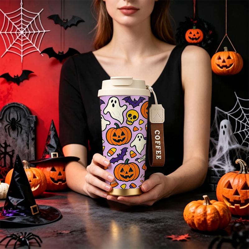 532ml Coffee Cup Halloween Pumpkin Ghost Bat Skull Candy MotifCar Portable Cup Flip Lid Coffee Cup Double Wall Insulated Cup