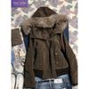 Winter Amerikaanse Vintage Mode Harajuku Jas met Capuchon Dames Slim Bruine Bontkraag Korte Jas Casual Streetwear Chic Bovenkleding