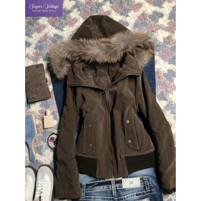 Winter Amerikanischer Vintage-Mode Harajuku Kapuzenjacke Damen Schlank Brauner Pelzkragen Kurzer Mantel Lässig Streetwear Schick Oberbekleidung XL braun