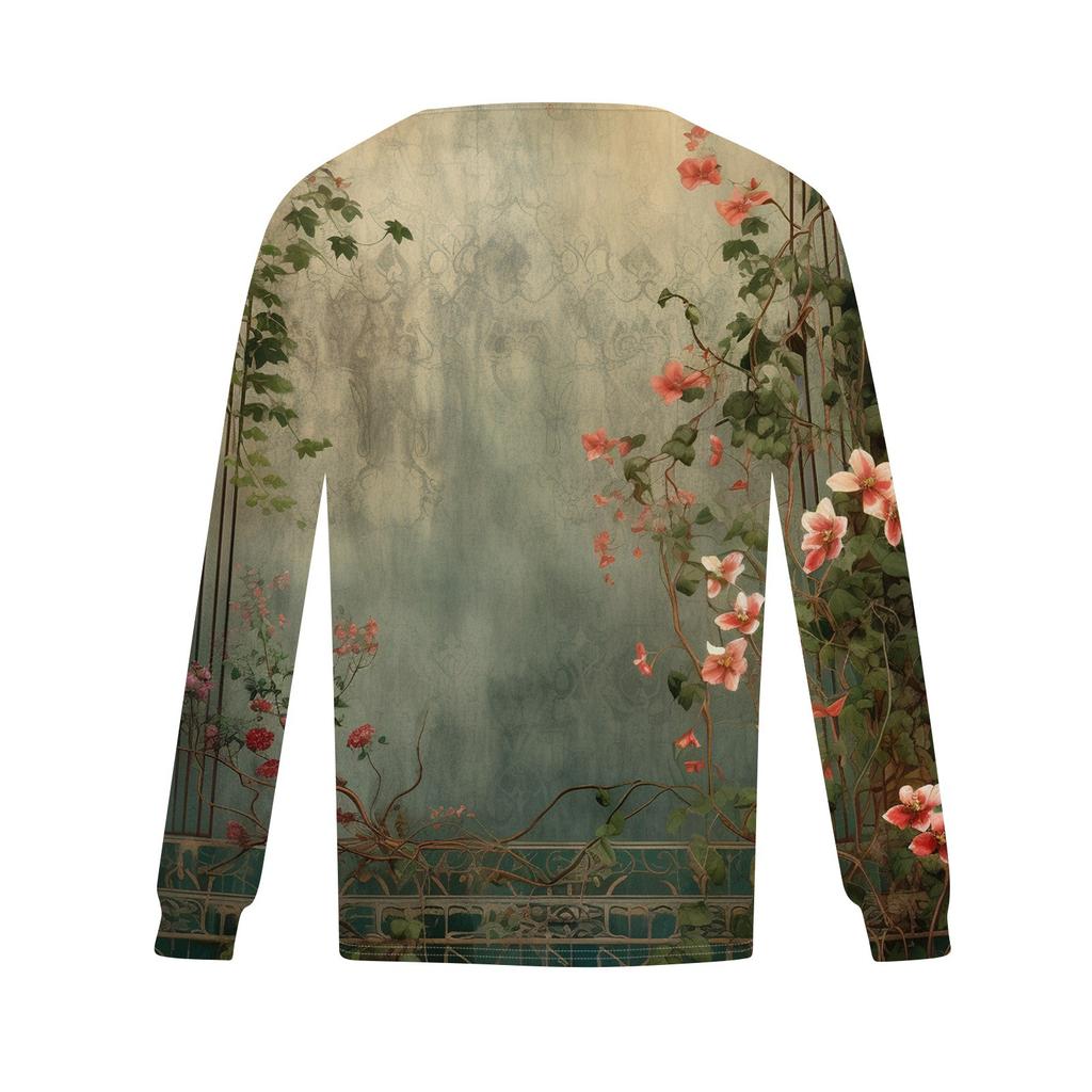 Damers avslappnade och moderiktiga tryckta rundhalsade långärmade plisserade t-shirttop för jul