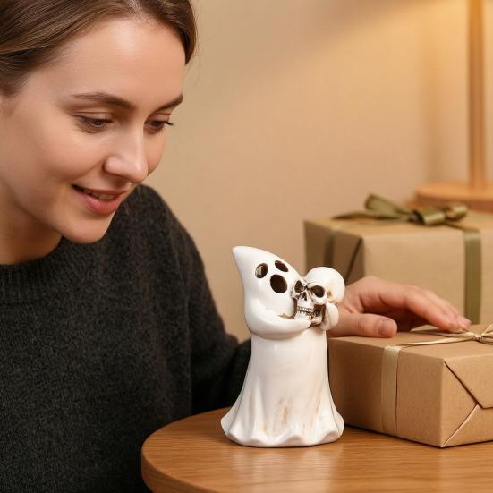 Decorative Light Holder Halloween Ghost Figurine with Skull, Resin Statue for Tabletop Decor, Creative Holiday Gift Friends Retro Gothic Ornament Home