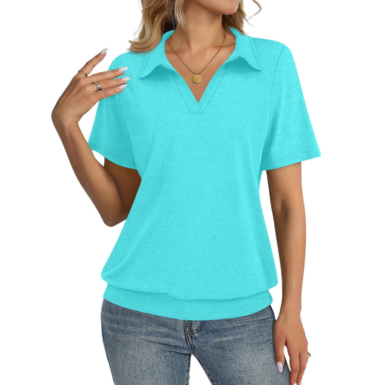 Damen Kurzarm V-Ausschnitt Polokragen Oberteil Leichter Strickpullover Lockere Passform Lässige Bluse für den Alltag XXL cyanblau