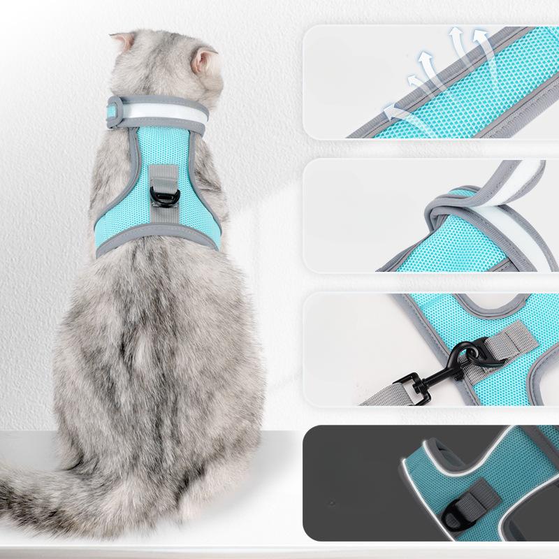 Cat Leash Velcro Reinforced Anti-escape Reflective Cat Leash Pet Chest and Back Strap Set Breathable