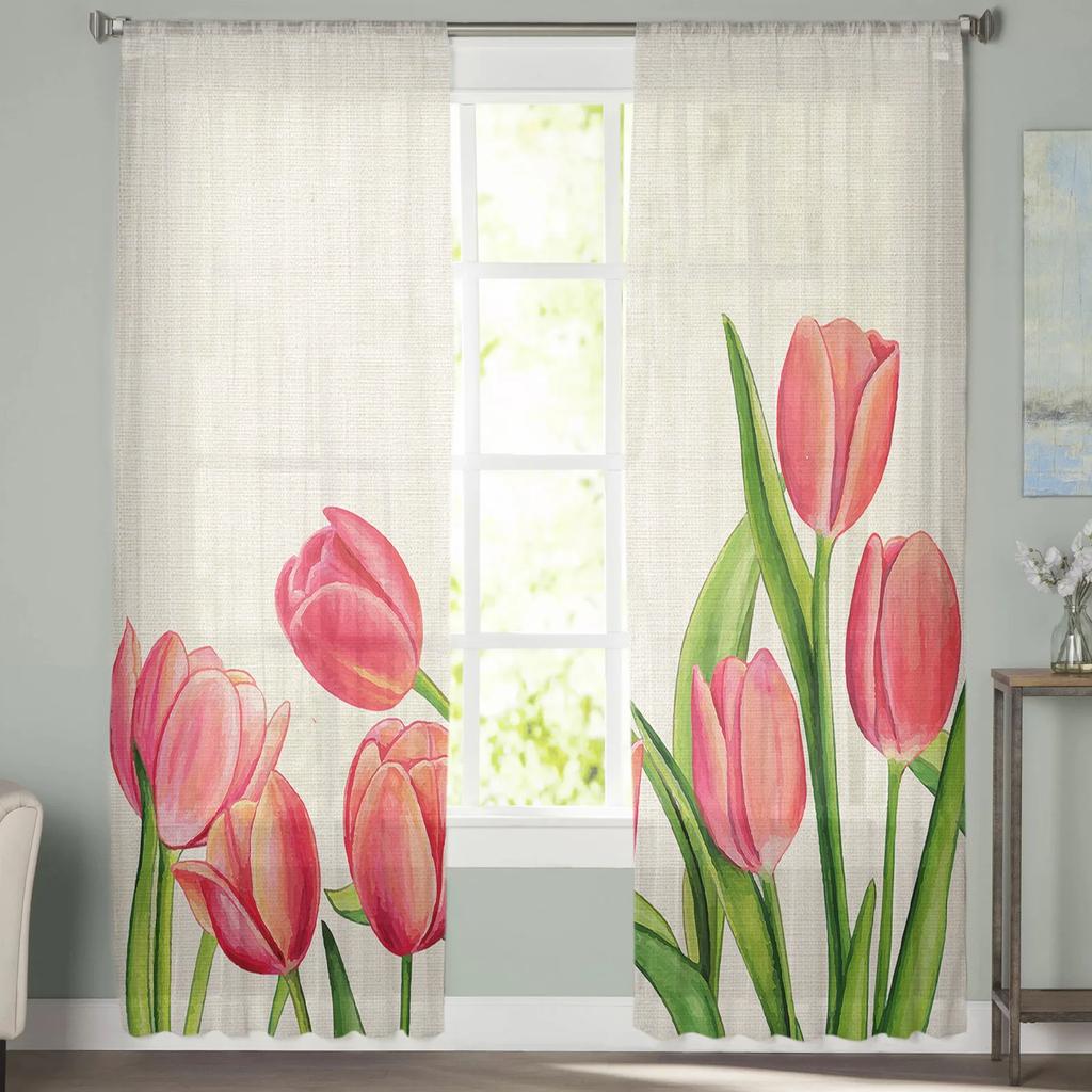 Spring Tulips Easter Mother Day Flowers Tulle Curtains Living Room Home Kitchen Decor Bedroom Window Drapes Light Filtering Made Of Polyester Sitting