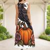 Women Plus Size Scoop Neck Sleeveless A Line Long Dress Halloween Bear Pumpkin Printed