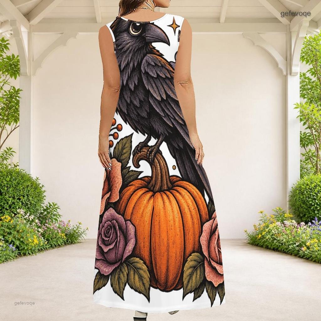 Women Plus Size Scoop Neck Sleeveless A Line Long Dress Halloween Bear Pumpkin Printed