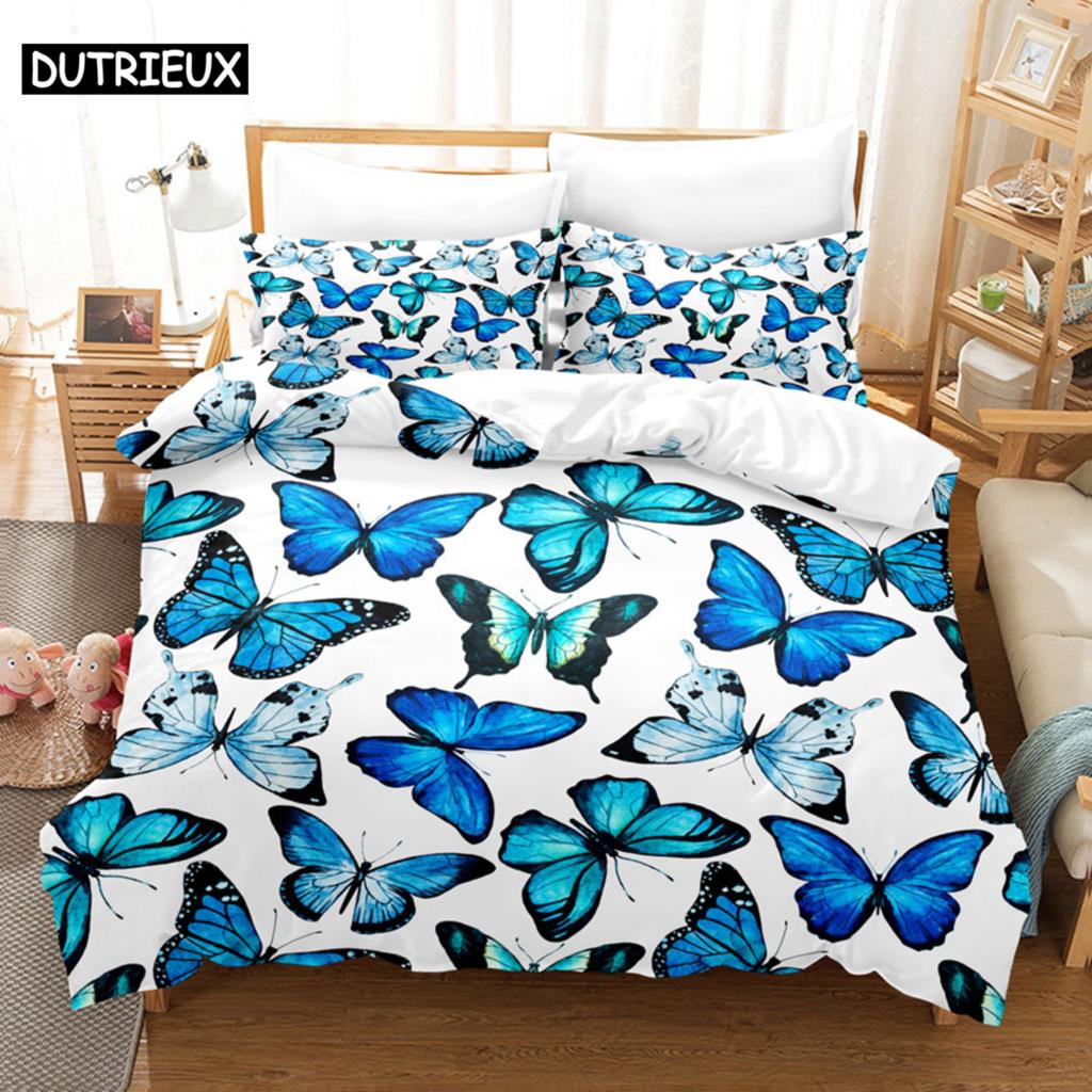 Blue Butterfly Duvet Cover Set King Size 220X240 Double Bed Single 3D Queen Bedding Sets Pink Full Twin Quilt Linen Pillowcase