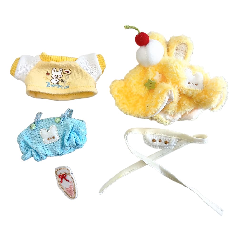 Yellow and Overalls Set for 10cm Plush Kigurumi Otaku Doll Kpopdoll Costume Hat, Bib, T-Shirt, Toy, Accessories, Activities, Mascot, [Used]