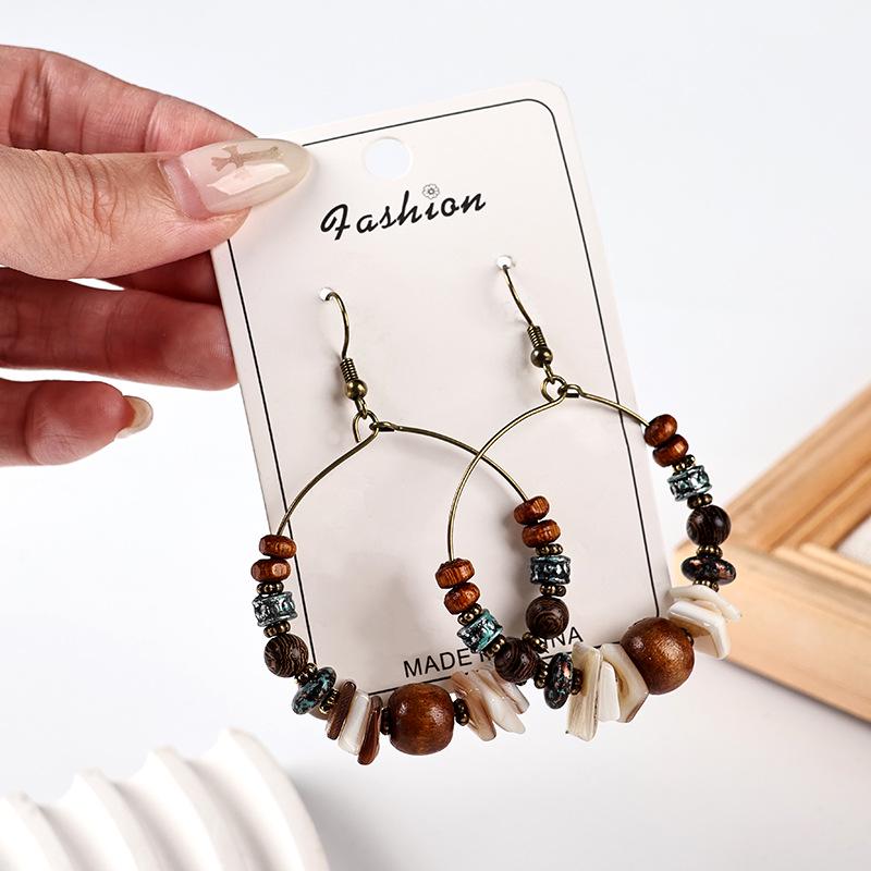 Retro Ethnic Bronze Hoop Earrings with Wood Beads and Tassels