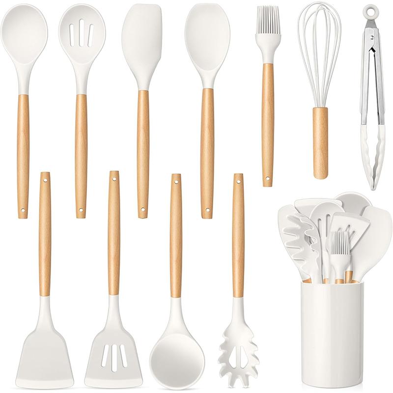 12 Pcs Silicone Kitchen Utensils Set Non Stick Silicone Cooking Utensil Set Heat Resistant Cookware with Wooden Handle JT558