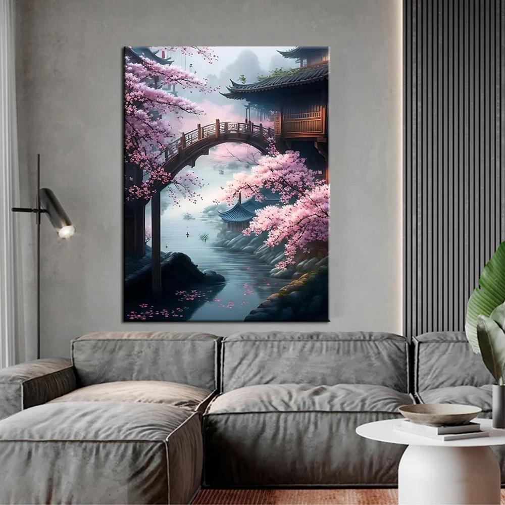 5D Diy Diamond Embroidery Sakura Bridge and Palace Diamond Painting Needleworks Cross Stitch Needleworks Home Decor J3479