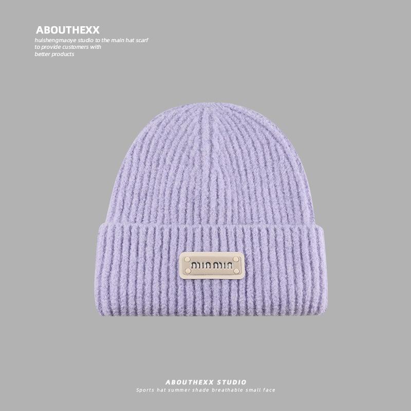 Hat Women's Autumn and Winter Woolen Hat Showing Face Small Warm Ear Protection Cold Hat Rubber Label Letter Knitted Hat Student Pullover Hat for Men