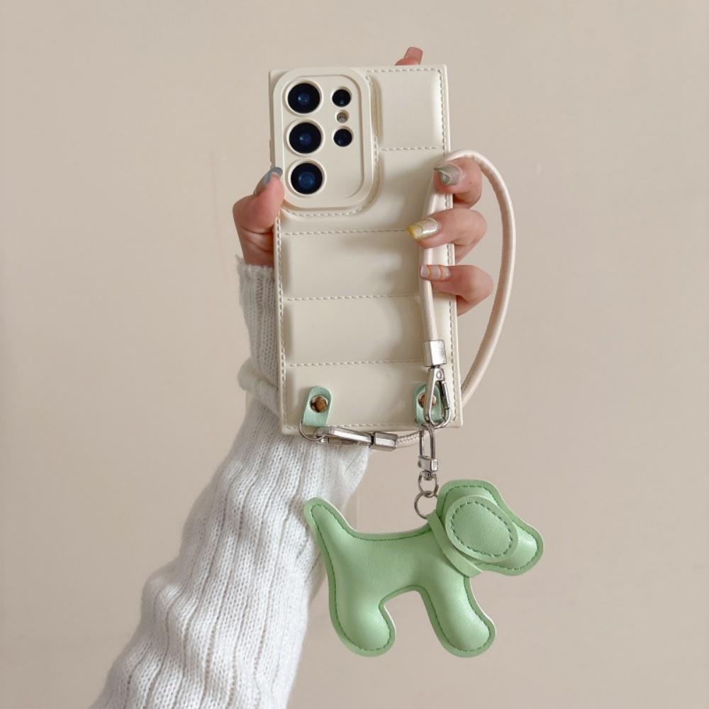 Leather Cartoon Dog Wrist Strap Phone Case for Samsung Galaxy S26 Ultra S25 S24 Plus S23 FE S22 A17 A07 Down Jacket Soft Cover