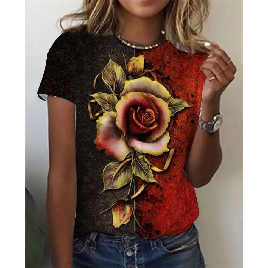 Men's and Women's Short Sleeved T-shirt, Rose 3D Printing, Fashionable Harajuku Round Neck Shirt, 6XL Men's and Women's T-shirt