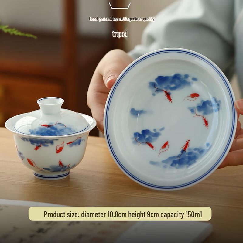 Lu Xu Ju Underglaze Hand-Painted Blue and White Lotus Ceramic Gaiwan