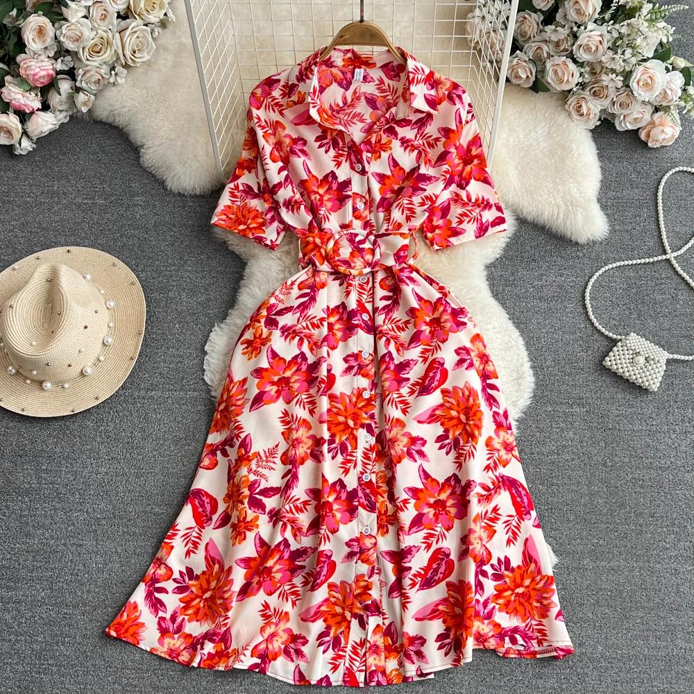 New Summer Women Dress Fashion Print Floral A-line Shirt Dress with Belt Elegant Vintage Off Lady Dress Casual Dresses