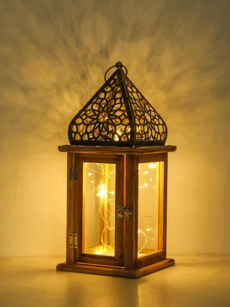 Boho Wooden & Metal Candle Holder Islamic Floral Pattern Lamp Retro Candle Lamp Festive Home Decor Lantern for Ramadan&Eid Gifts