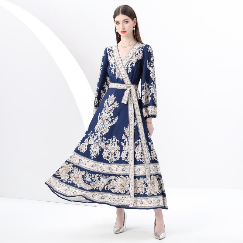 Spring Summer Women V-neck Big Size Vintage Print Lantern Sleeve Midi Lace-up Party Dresses Robe