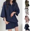 2 Pcs/Set Women Top Shorts Set Loose Solid Color Loose Zipper Neck Turn-down Collar Pockets Oversized Half Sleeves Tracksuit Female Clothes