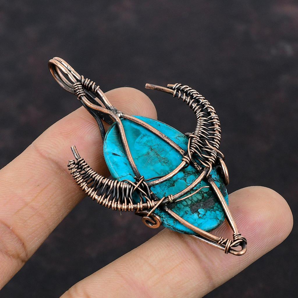 Tibetan Turquoise Pendant Copper Wire Wrapped Pendant Bull Face Shape Pendant Gemstone Handmade Pendant Copper Designer Jewelry Gift For Her