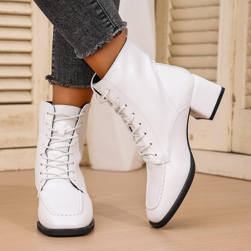 Fashion Spliced Front Lace-Up Single Boots Women's Fashion Square Toe Anti-Slip Wear-Resistant Block Heel Shoe