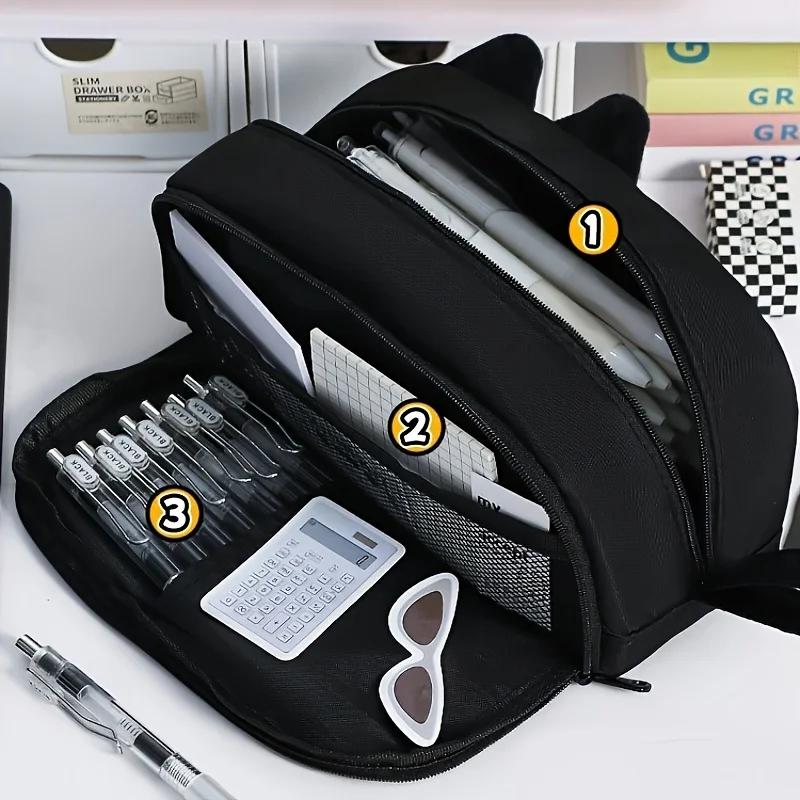 1pc Black Cat Embroidery Pencil Case, Large Capacity with Multiple Compartments for School, Office & Art Supplies Organizer