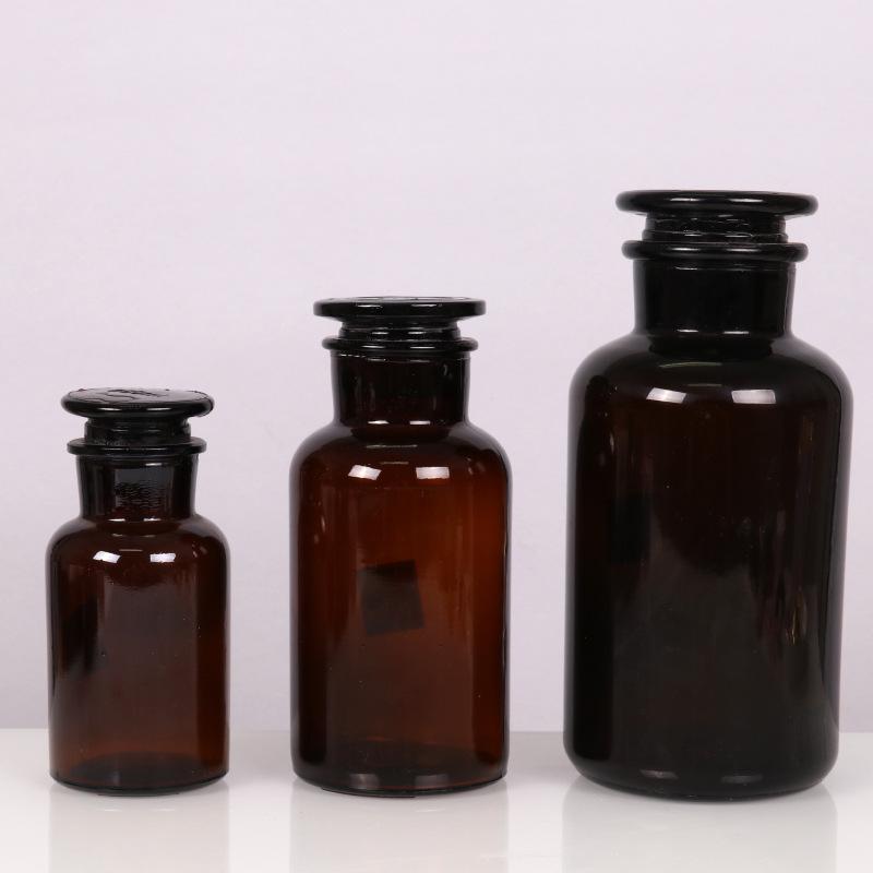 Amber Brown Thickened Wide-Mouth Reagent Bottle with Ground-Glass Stopper - Laboratory Chemical Sampling Bottle