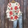 Women's Fashion Casual Button V-Neck Seven Sleeve Vintage Printed Shirt Top