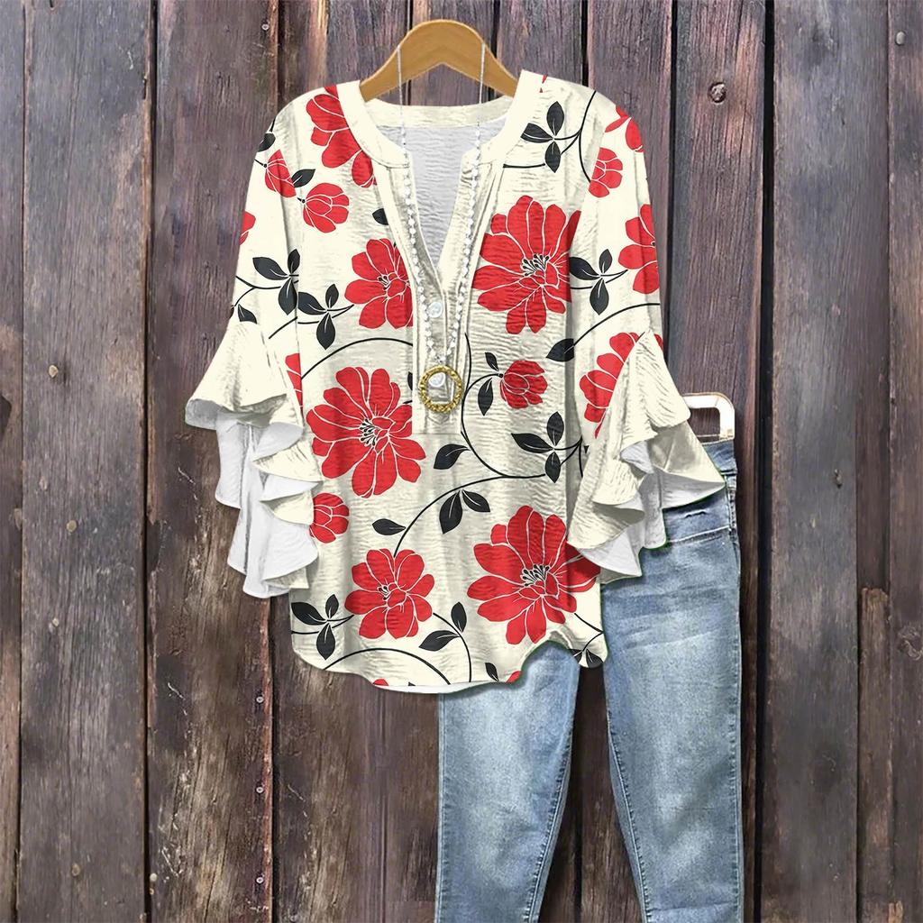 Women's Fashion Casual Button V-Neck Seven Sleeve Vintage Printed Shirt Top