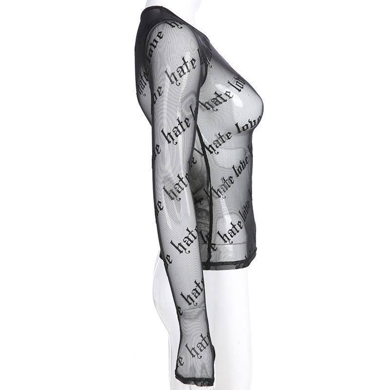 Sexy Women Mesh T-Shirts See-Through Perspective Tshirt Letter Printed O Neck Transparent Long Sleeve T Shirt Tops Women