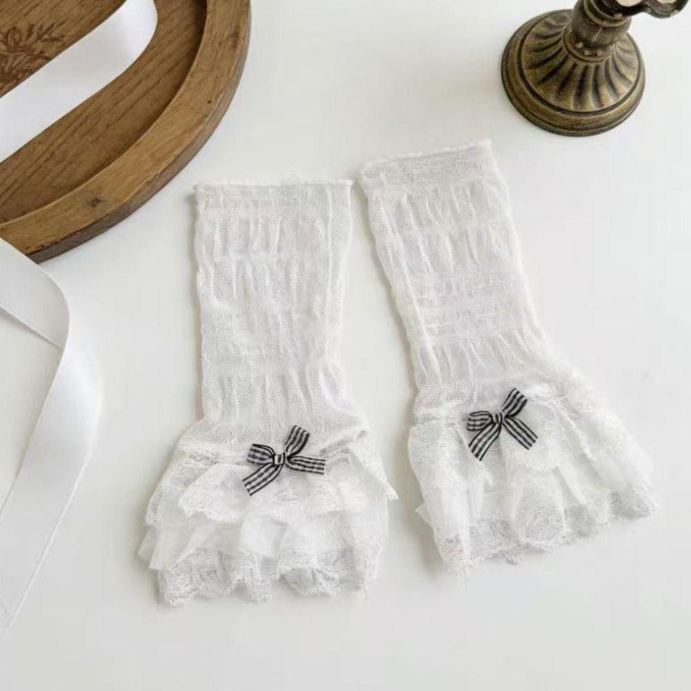 1 Pair Thin Lace Lace Arm Sleeves Bowknot Design Breathable Lace Fingerless Gloves Long Hand Sleeves Fashion Accessory белый