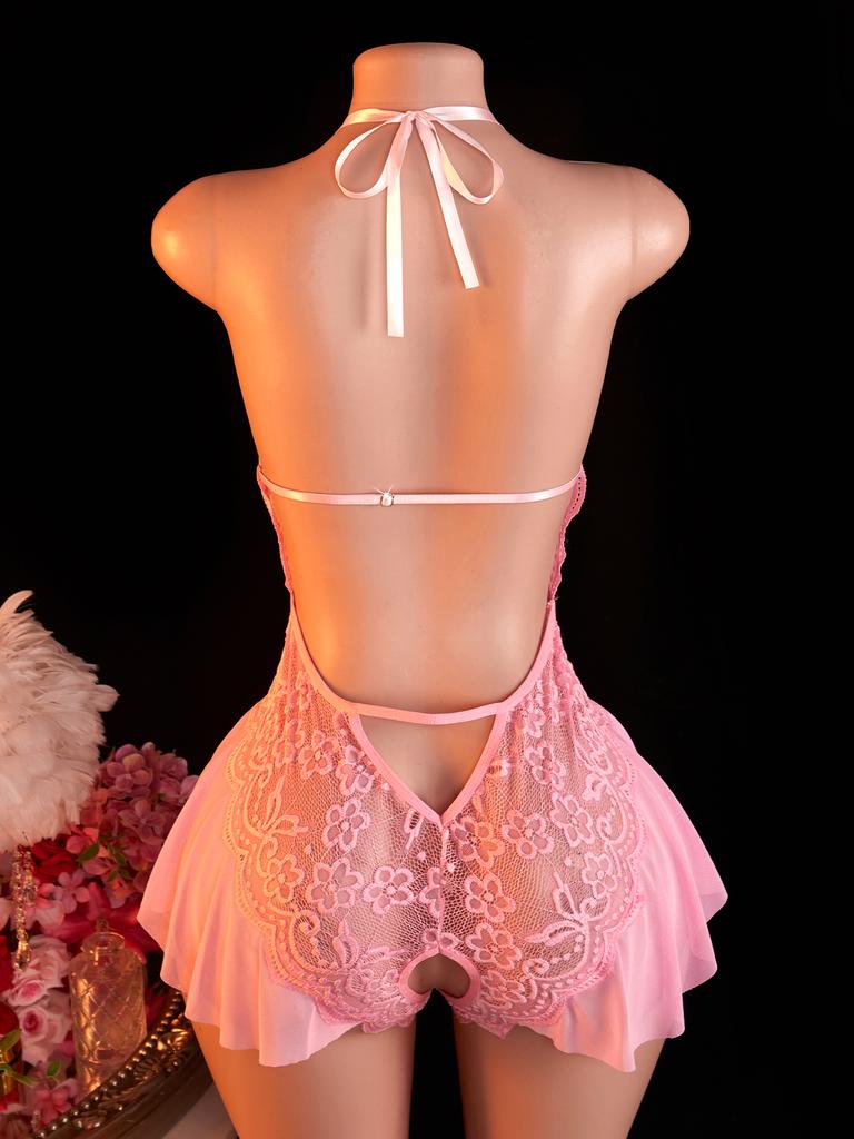Pink Sexy Lace Bodysuits Crotchless Deep V Open Teddy Babydoll Sheer Sleepwear Elegant & Seductive Erotic Lingerie For Women