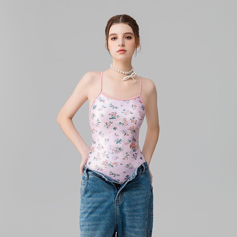 Small Fresh Pink Floral Sexy Tight-fitting Racing Sports One-piece Triangle Swimming Pool Hot Swimsuit Women
