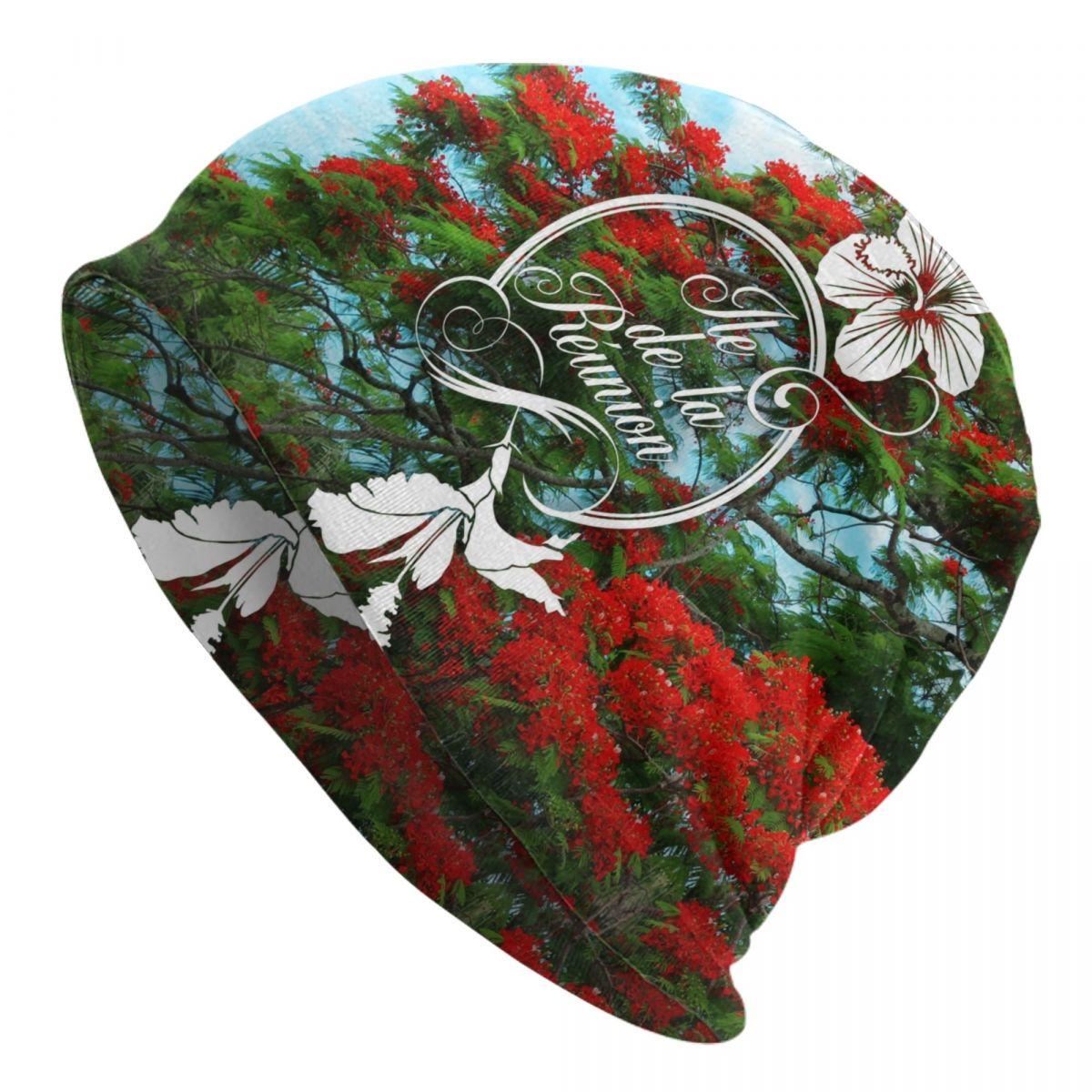 974 Reunion Island Flamboyant Hibiscus Skullies Beanies Caps Unisex Outdoor Winter Knit Hat Adult Flowers Pattern Bonnet Hats Beanies Hat