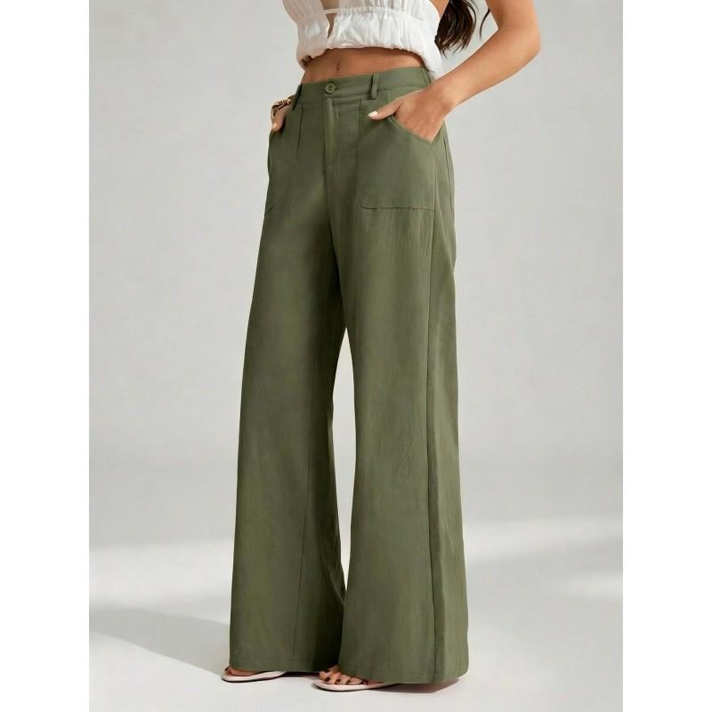 Womens Solid Cotton Linen Wide Leg Pants Casual Loose Fit Trousers With Pockets