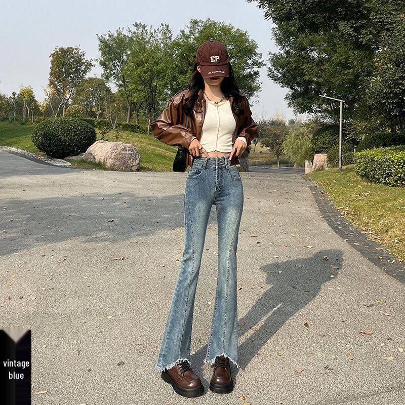 

High-Waisted Double-Button Micro-Flare Jeans for Women - Slim-Fit, Body-Shaping, Retro Korean Style, Trendy Autumn/Winter Horse-Bit Flare Pants Small (S)