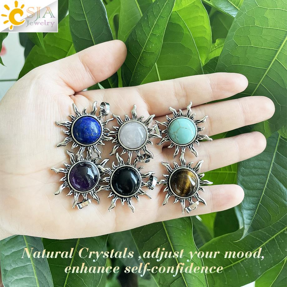 CSJA Vintage Sun Flower Pendant Natural Stone Crystal Necklace Genuine Round Amethysts Pink Quartz Obsidian Lapis Lazuli H120