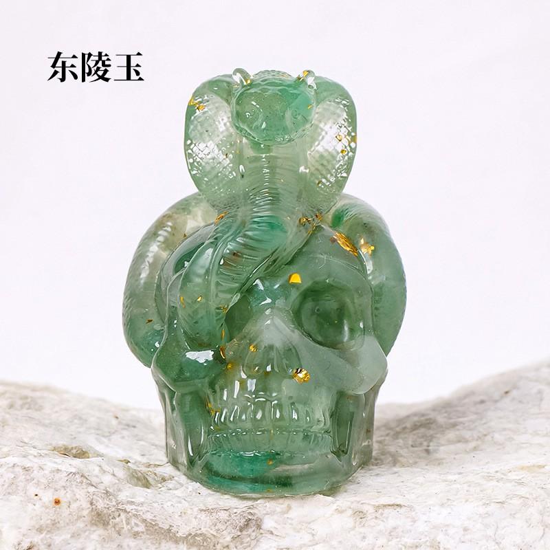 Natural Crystal Chips Resin Snake Wrapped Skull Ornament Halloween Bar Craft Decor