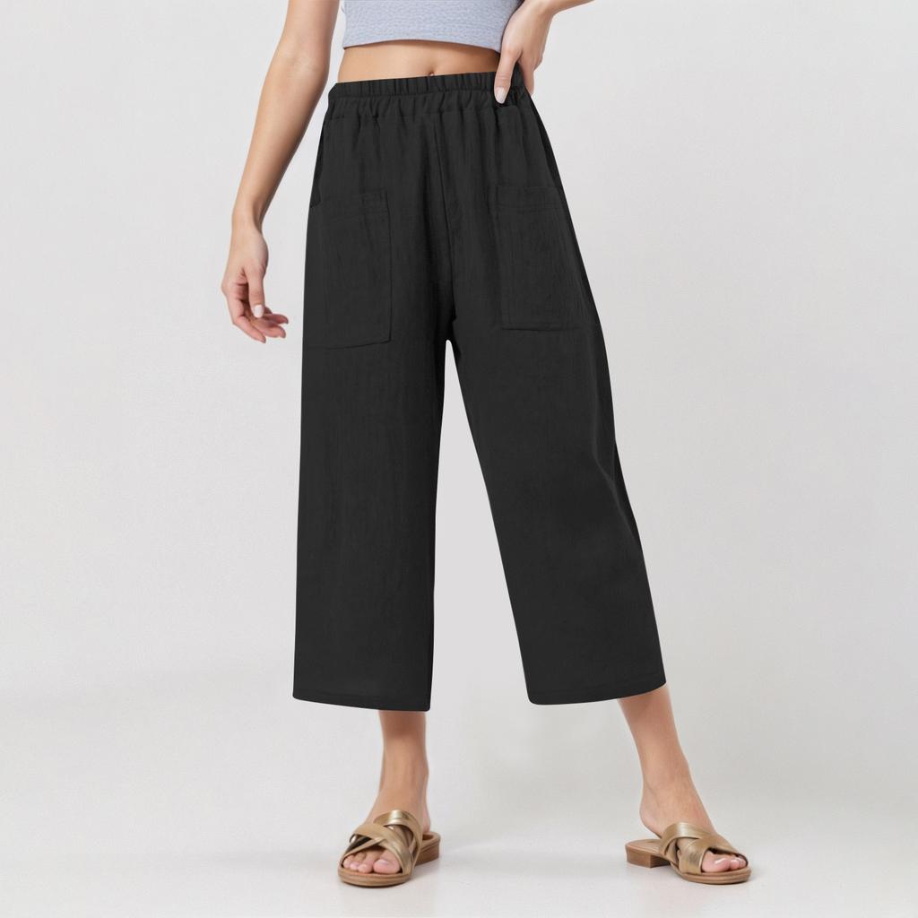 Damen Elastische Taille Cropped Hosen Lässige Baumwoll- und Leinenhosen