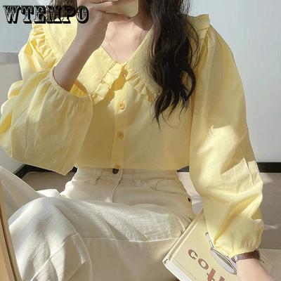 Koszula z długim rękawem dla kobiet na wiosnę Szykowna Francuska Retro Bluzka z kołnierzykiem typu lalka Słodka koszula