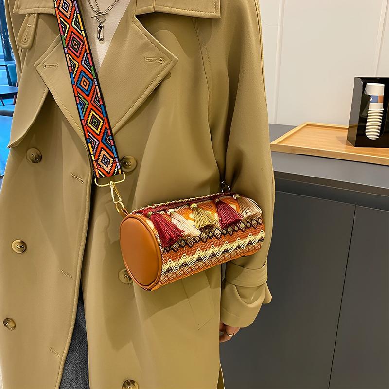 Fashionable Ethnic Style Embroidered Thread Cylinder Cross Shoulder Bag
