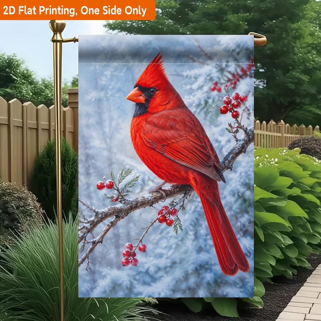 2D Flat - 2D Flat Printing Garden Flag 1pc, Red Bird on Snow Branch Durable Single-Sided Print Yard Flag, Garden And Home Holiday Decoration, 29.97X44