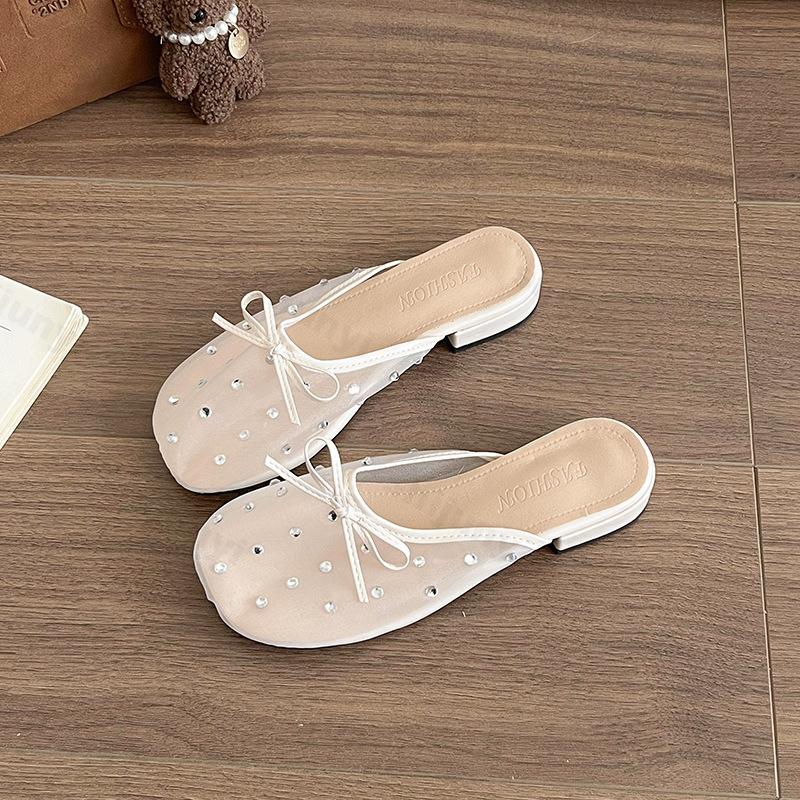 Fashion Thick Heeled Bow Rhinestone Design Mesh Breathable Half Slippers Women's Outdoor 2025 Summer Korean Version Lightweight Sandals