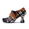 Johnature Retro Plaid Patchwork Comfortable High Heels Genuine Leather Rivet Fashion Women's Pumps